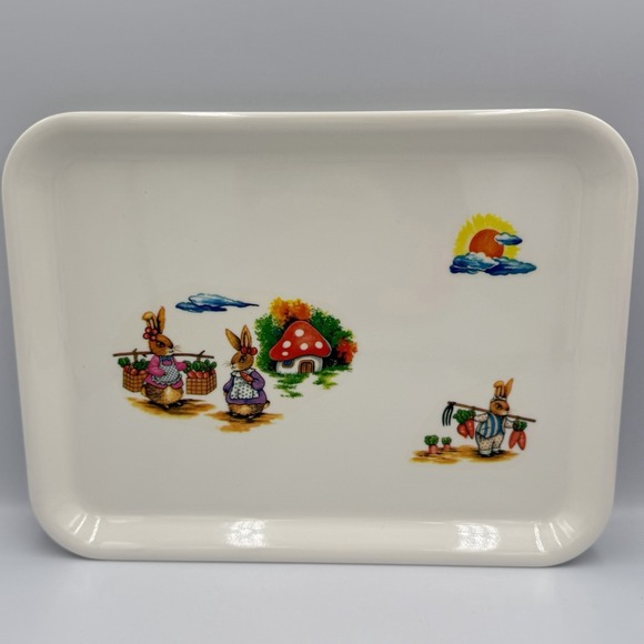 The Unbranded Brand Other - Easter Bunny Melamine Serving Tray Mushroom Farm Cottagecore Spring Decor 10x13
